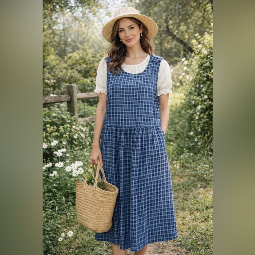 Saddlebred Plaid Denim Chambray Dress Jumper 14 Country Cottage Western Rodeo